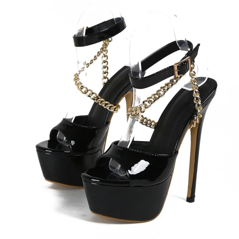 Summer Open Toe Buckle Strap Chain Women Sandals with Super Thin High Heels