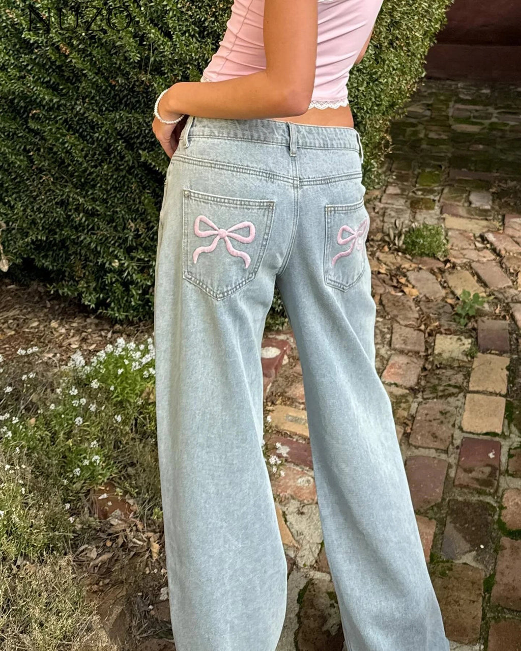 Bow Embroidered Wide Leg Jeans High Waisted Casual Women's Straight Leg Pants