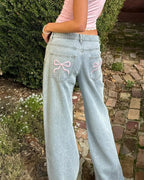 Bow Embroidered Wide Leg Jeans High Waisted Casual Women's Straight Leg Pants