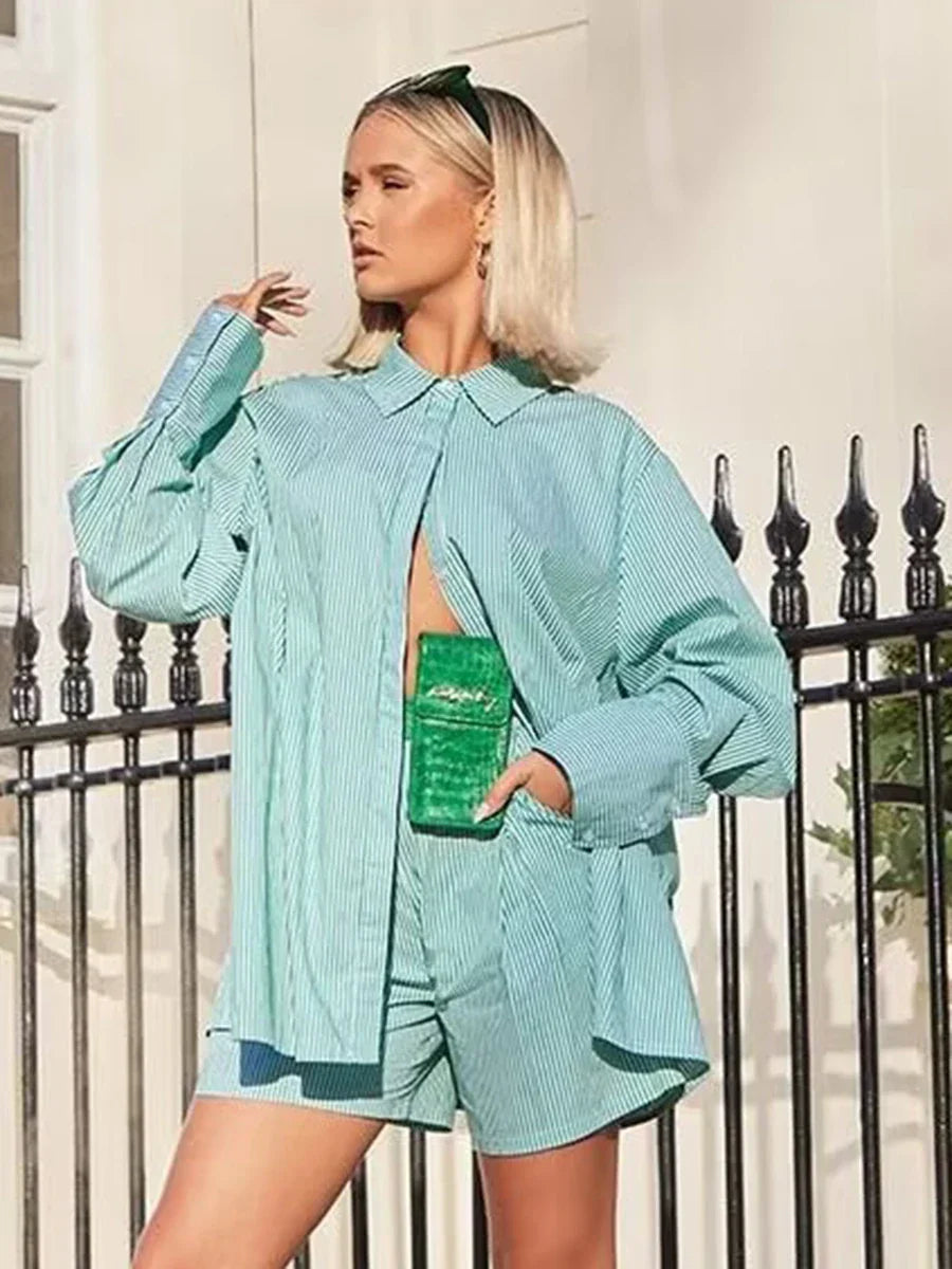 Drawstring Short Pants Sets 2024 New Summer Long Sleeve Pocket Irregular Blouse+Shorts Outfits Streetwear Casual Two-piece Set