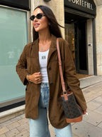 Turn Down Collar Brown Autumn Jacket for Women Casual Single Breasted Long Coat Jacket Female Winter Jacket Back Slit