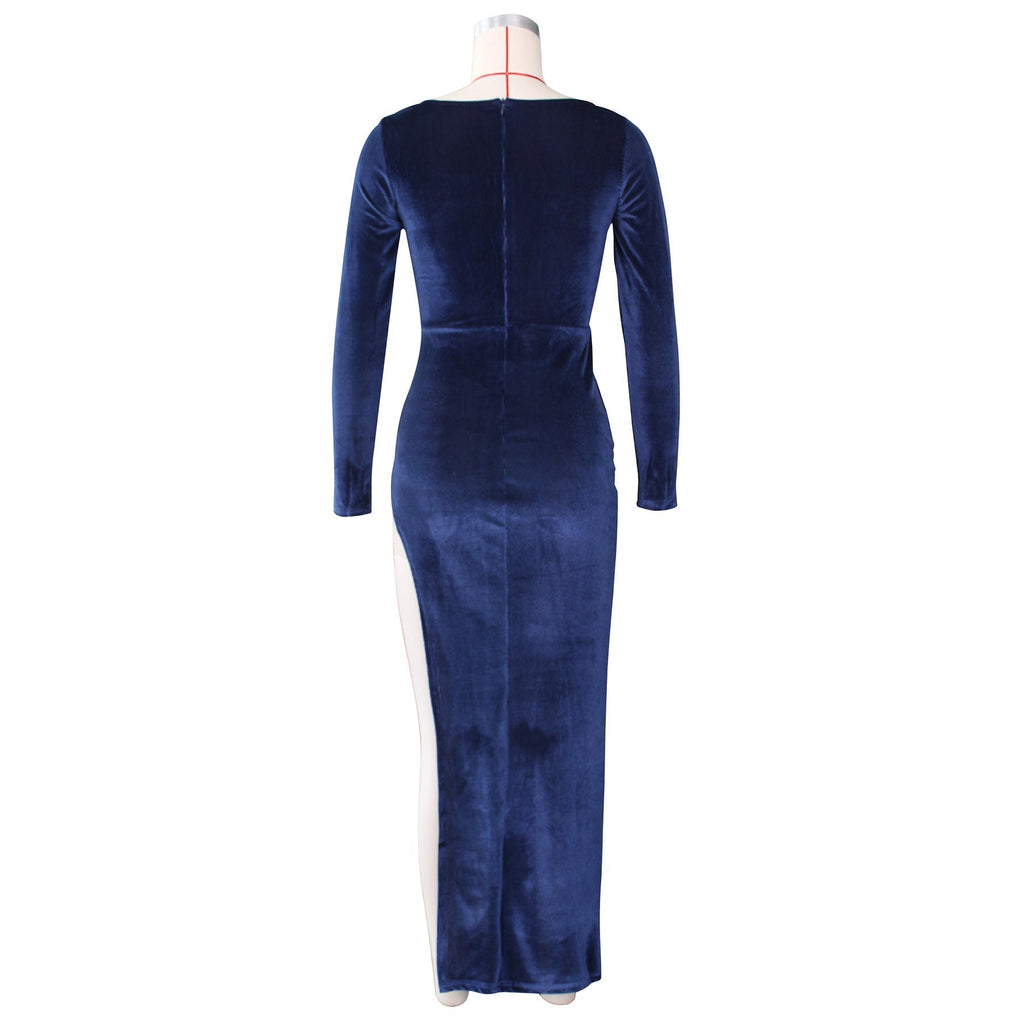 Square Neck Ruched Waist High Slit Long Sleeve Maxi Dress