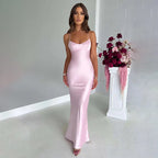 Cross Strap Lace Up Back Satin Maxi Dress