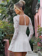 Lace Long Sleeve Open Back Lace Up Smocked Corset Back Mini Dress
