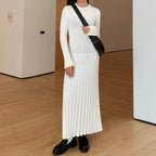 Ribbed Knit Crew Neck Lettuce Hem Long Sleeve Maxi Dress