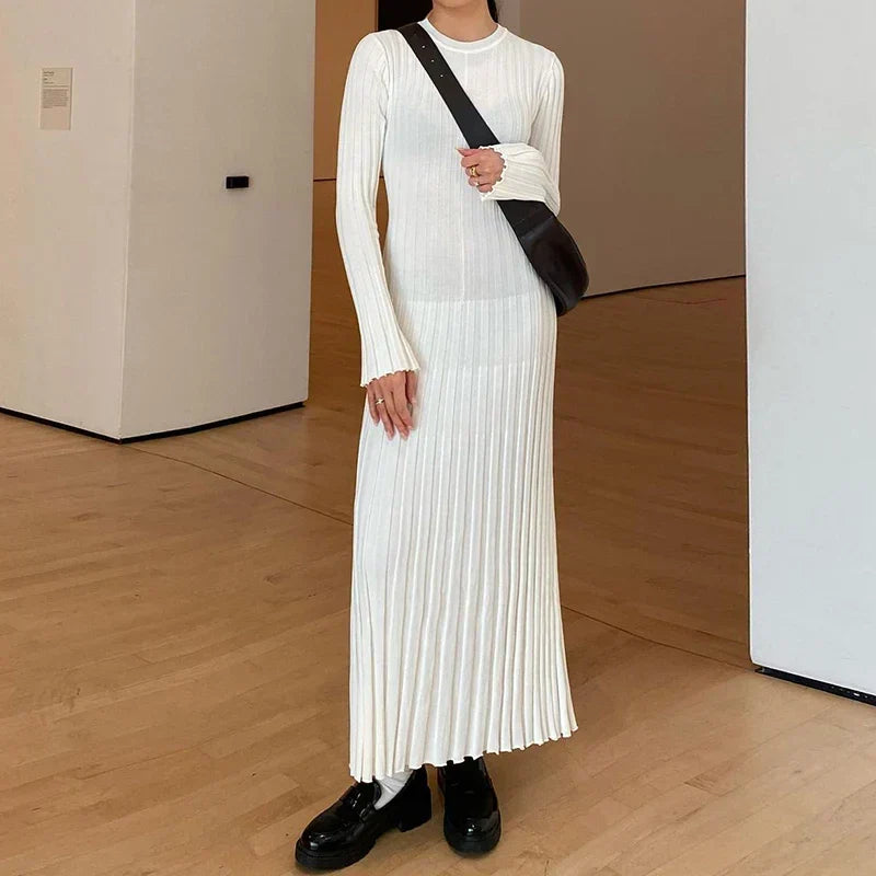 Ribbed Knit Crew Neck Lettuce Hem Long Sleeve Maxi Dress