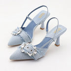 High-heeled denim sandals with rhinestone square buckle for autumn