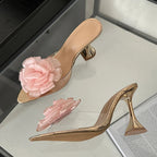 Transparent PVC Women's Fashion Flowers Pointed Toe High Heel Slippers