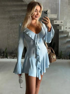 Deep V-Neck Tie Front Ruffle Trim Bell Sleeve Flounce Hem Mini Dress