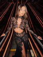 Mock Neck Long Sleeve Sheer Lace Chest and Midriff Cut Out High Split Maxi Gown