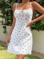 Lace Trim Tie Front Ruched Ditsy Floral Spaghetti Strap Mini Dress