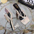 Women's Rhinestone Square Toe Flip Flops with Transparent Thick Heel