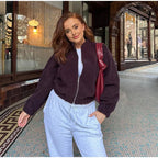 Casual Zipper Long Sleeve O-neck Coat for Women Spring New Solid Loose Female Jacket Vintage Ladies Outwear Top High Street