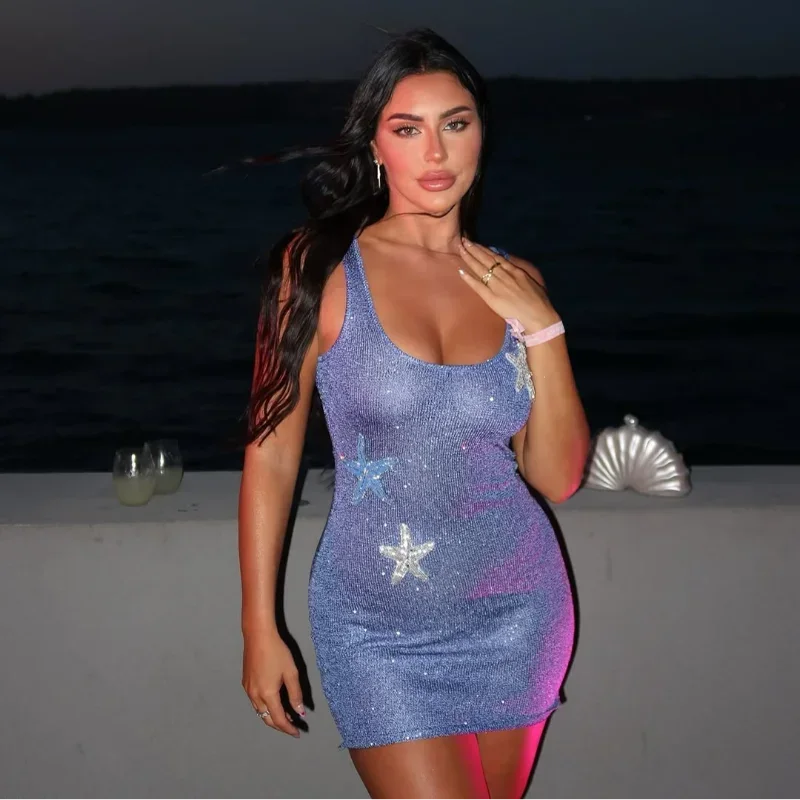 Starfish Applique Shimmery Knit Scoop Neck Bodycon Mini Dress