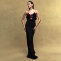 Spaghetti Strap Ruffle Deep V-Neck Flower Applique Maxi Dress