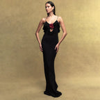 Spaghetti Strap Ruffle Deep V-Neck Flower Applique Maxi Dress