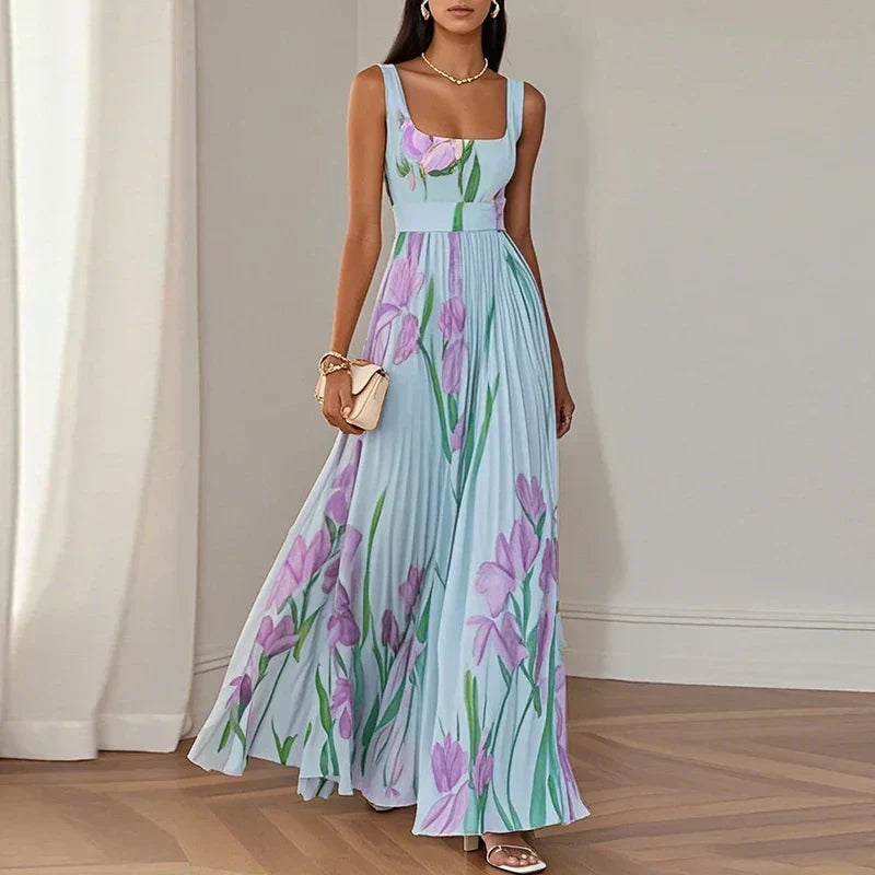 Square Neck Belted Accordion Pleat Floral Print Maxi Dress