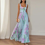 Square Neck Belted Accordion Pleat Floral Print Maxi Dress