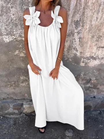 Bow Shoulder Strap Scoop Neck Loose Fit Pocket Maxi Dress