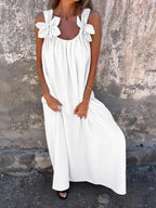 Bow Shoulder Strap Scoop Neck Loose Fit Pocket Maxi Dress