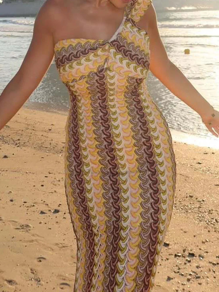 Scallop Pattern One Shoulder Ruffle Strap Bodycon Midi Dress