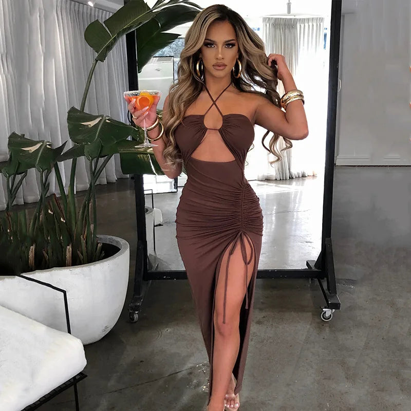 Halterneck Criss Cross Strap Ruched Bust Cut Out Drawstring Side Slit Midi Dress