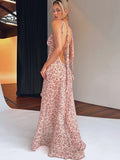 Halter Neck Ditsy Floral Print Tie Back Shoulder Streamer Backless Maxi Dress