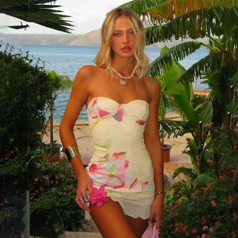 Strapless Corset Sweetheart Neck Watercolor Floral Print Bodycon Mini Dress