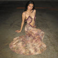 Mixed Print Halter Keyhole Cutout Scallop Trim Maxi Dress