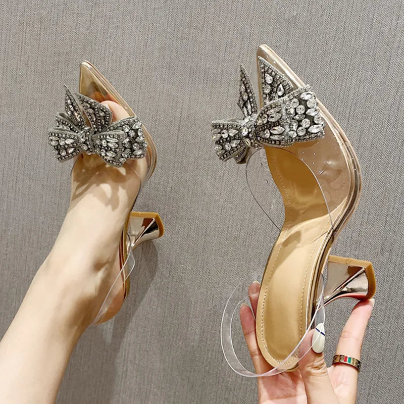 Crystal Sequined Bowknot Women Pumps with Sexy Pointed Toe High Heels
