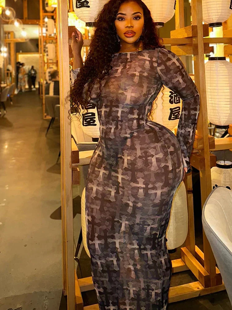 Sheer Mesh Cross Print Boat Neck Long Sleeve Bodycon Maxi Dress