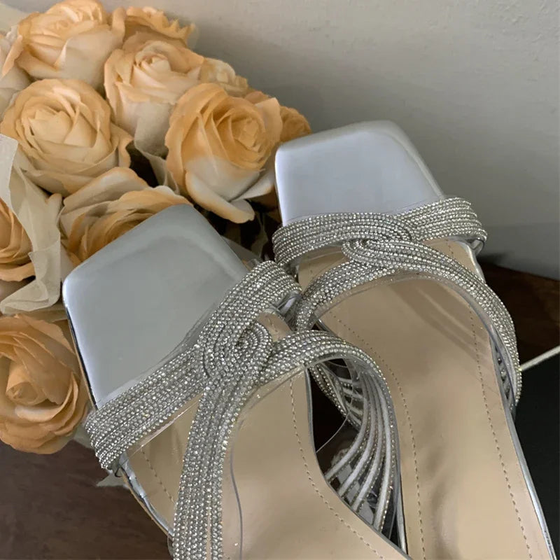 PVC Transparent Open Toe Crystal Slippers Women Low Heels for Summer Banquets