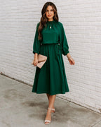 Gathered Mock Neck Lantern Sleeve Tie Waist A-Line Midi Dress