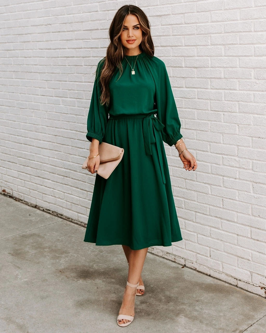 Gathered Mock Neck Lantern Sleeve Tie Waist A-Line Midi Dress
