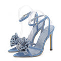 Crystal Flower Ankle Buckle Strap Thin Heels Denim Sandals for Women