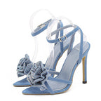 Crystal Flower Ankle Buckle Strap Thin Heels Denim Sandals for Women