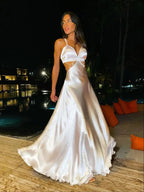 Satin Spaghetti Strap Waist Cutout A-Line Maxi Dress