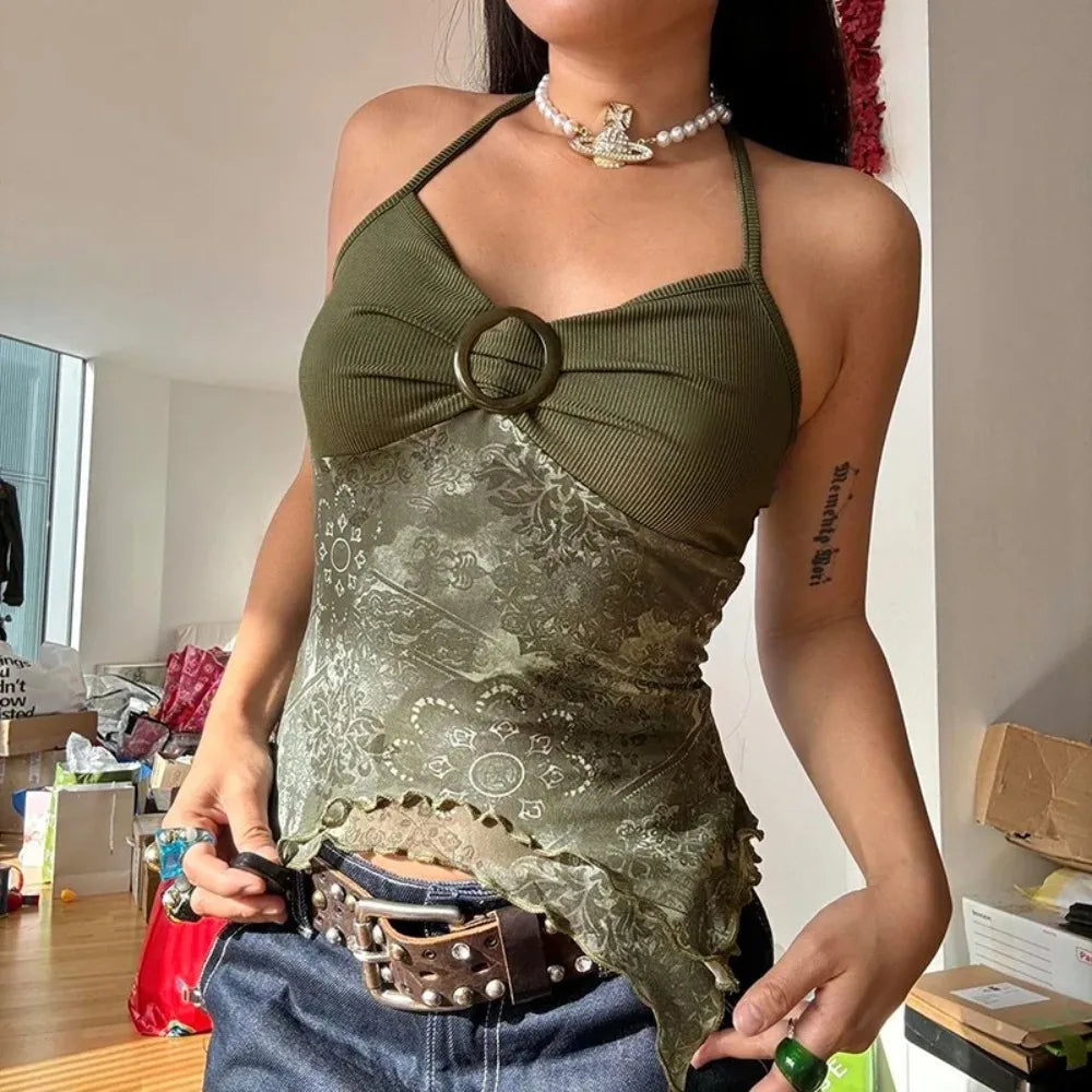 Patchwork Mesh Backless Print Cami Top