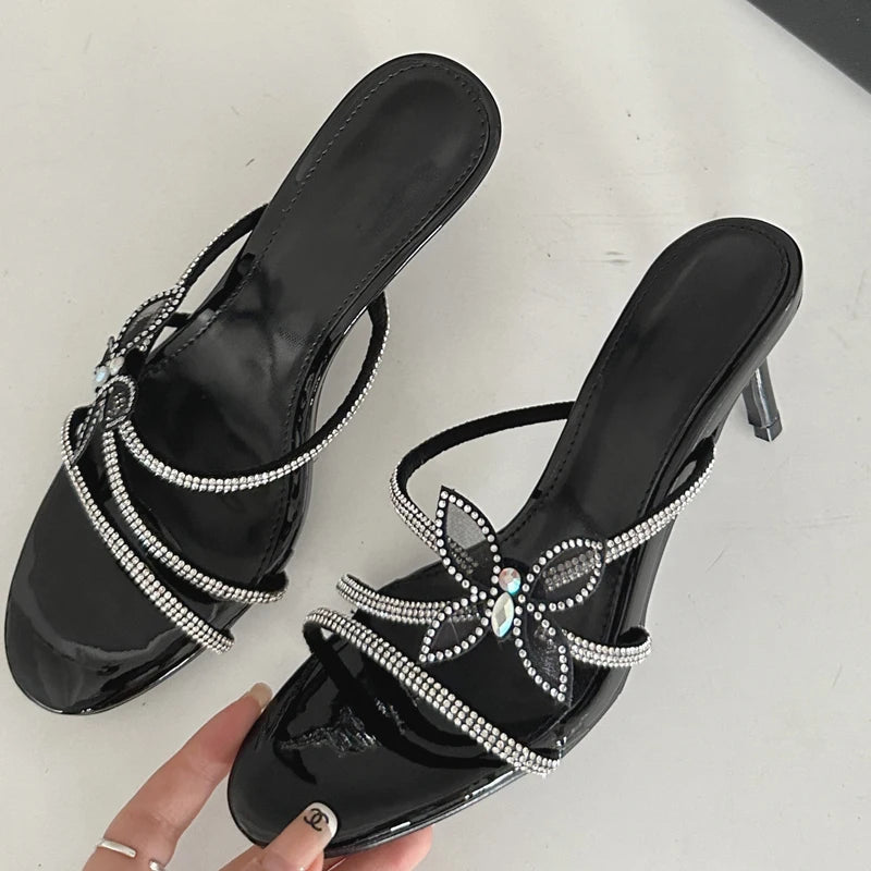 CRYSTAL Narrow Band Butterfly-knot Satin Slip On Sandal for Women