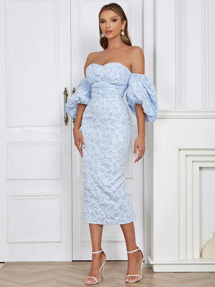 Off Shoulder Floral Jacquard Puff Sleeve Bodycon Midi Dress