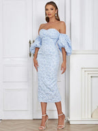 Off Shoulder Floral Jacquard Puff Sleeve Bodycon Midi Dress