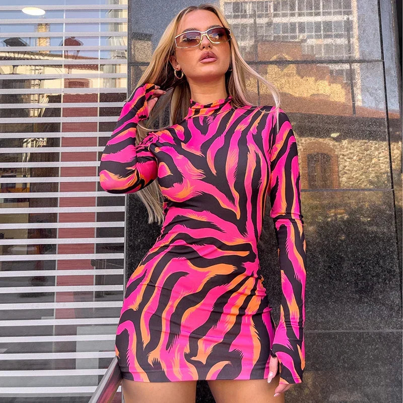 Zebra Stripe Mock Neck Thumbhole Long Sleeve Bodycon Mini Dress