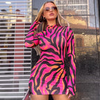 Zebra Stripe Mock Neck Thumbhole Long Sleeve Bodycon Mini Dress