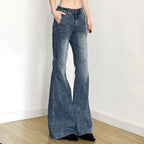 Y2K Low Waisted Washed Flare Jeans Korean Streetwear Blue Slim Fit Denim Pants Fashion Lady Casual Boot Cut Trousers