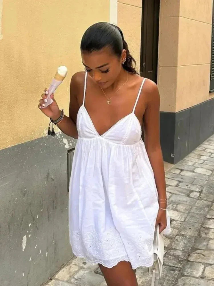 Eyelet Embroidery Spaghetti Strap V-Neck Empire Waist Mini Dress