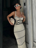 Striped Knit Scoop Neck Open Crochet Panel Midi Dress