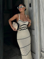 Striped Knit Scoop Neck Open Crochet Panel Midi Dress