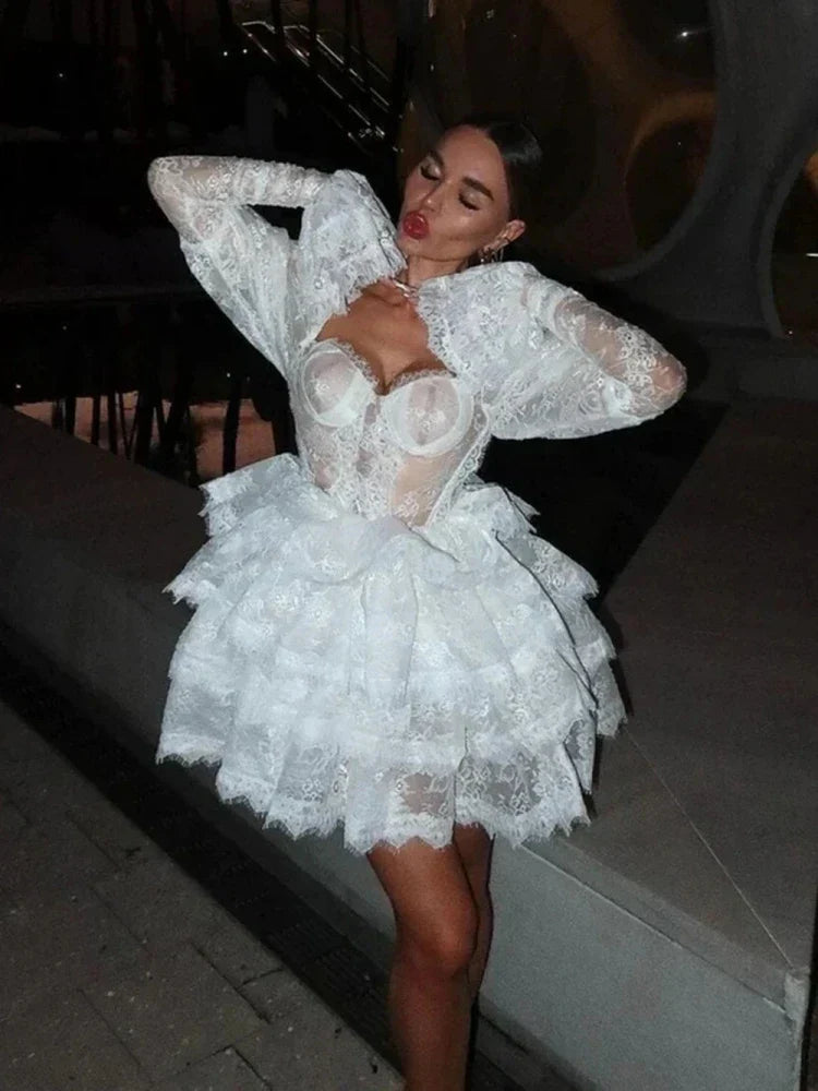 Floral Lace Corset Bustier Puff Sleeve Tiered Ruffle Mini Dress