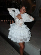 Floral Lace Corset Bustier Puff Sleeve Tiered Ruffle Mini Dress