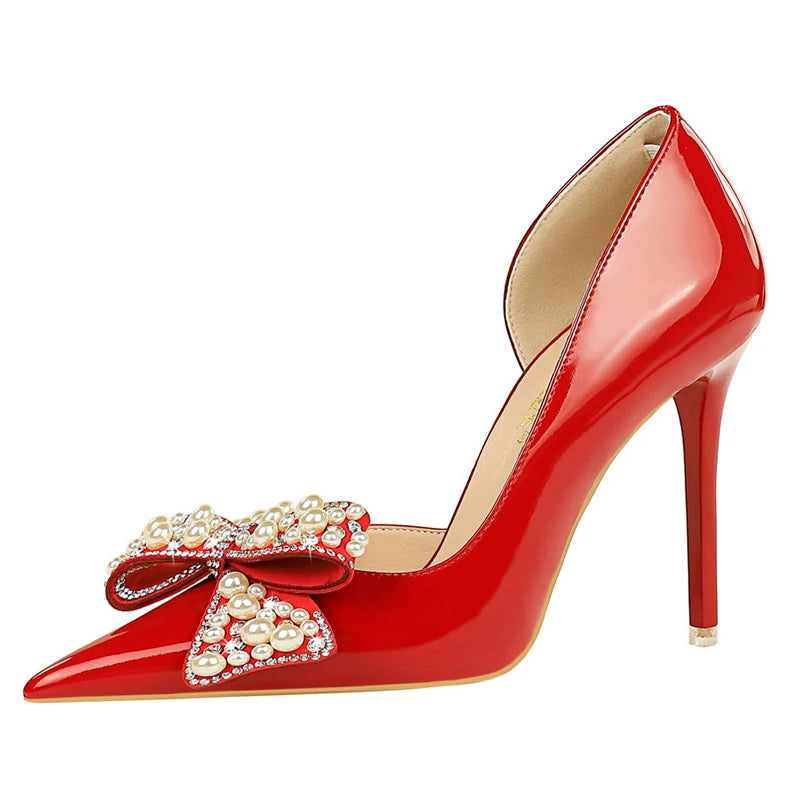 Women's Luxury Bowknot Pearl Rhinestone Patent Leather High Heels